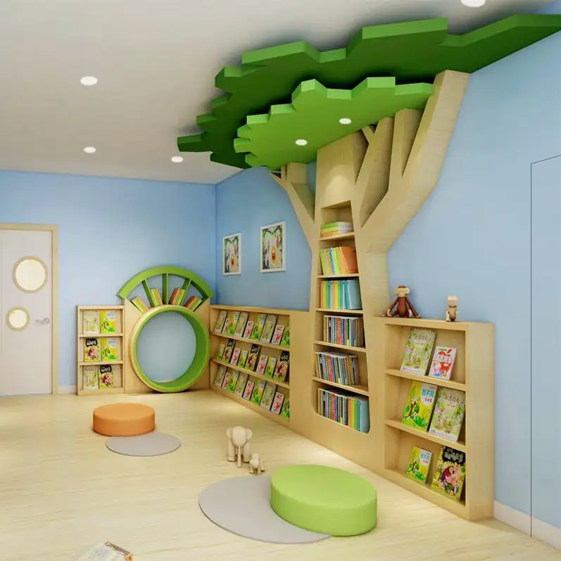 Nueva estantería de pared de árbol grande, estantería creativa en forma de árbol para niños, estantería de madera para biblioteca de jardín de infantes, exhibición de esquina de lectura