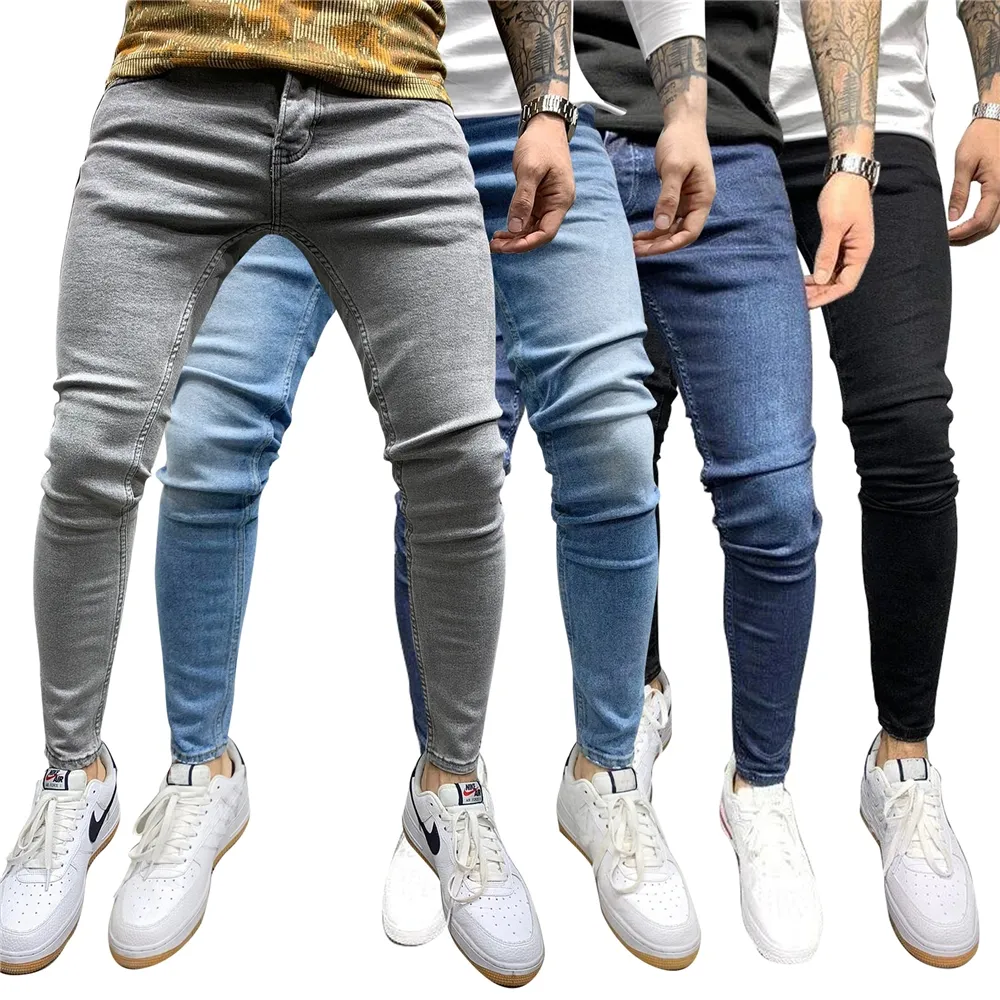 Pantalones vaqueros de diseño Simple para hombre, Color sólido, ajustados, elásticos, negro y gris, precio más bajo