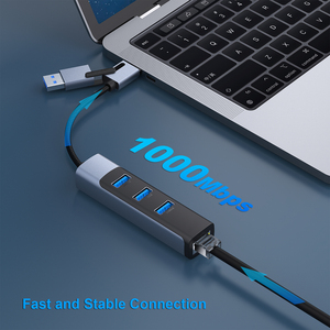 ปรับแต่งอะแดปเตอร์ USB to RJ45 ขนาด 1,000Mbps อะแดปเตอร์ USB C เป็นอีเธอร์เน็ตพร้อมฮับ USB 3.0 3 อัน - Product Image 3