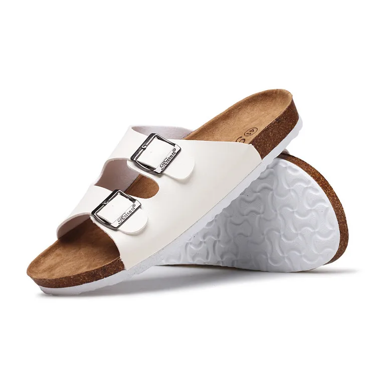 2021 Casual Summer Slides Sandals Women Gladiator Buckle Leather Mule Soft Men Cork Slippers