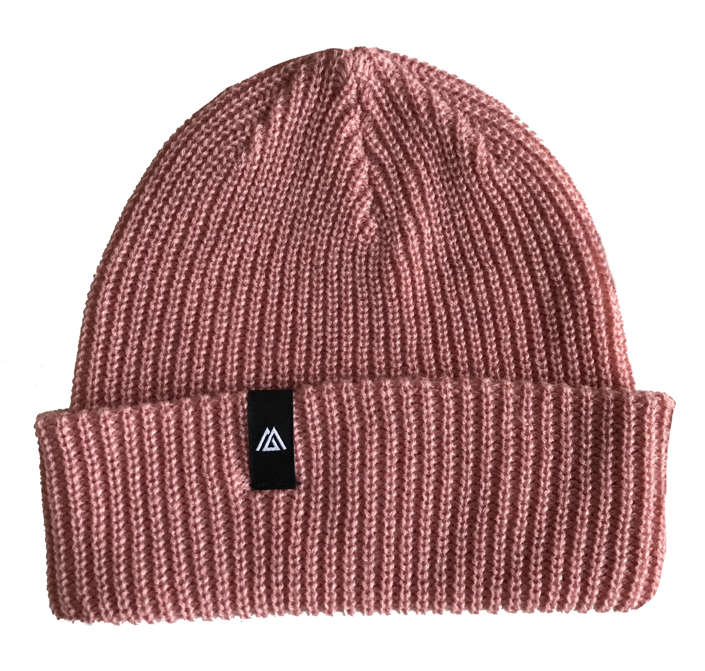 OEMデザイン織りラベルニットカフ付きビーニーハットキャップ、カスタム素材100% アクリル冬編み帽子、サテン裏地ビーニー