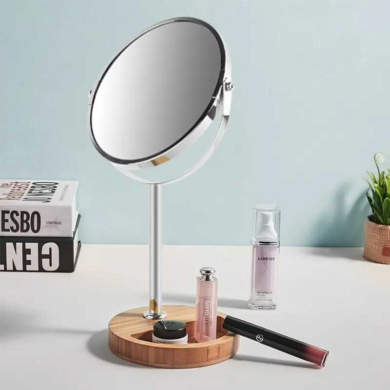 Espelho de mesa decorativo dupla face, espelho de bambu para maquiagem e batom com joias