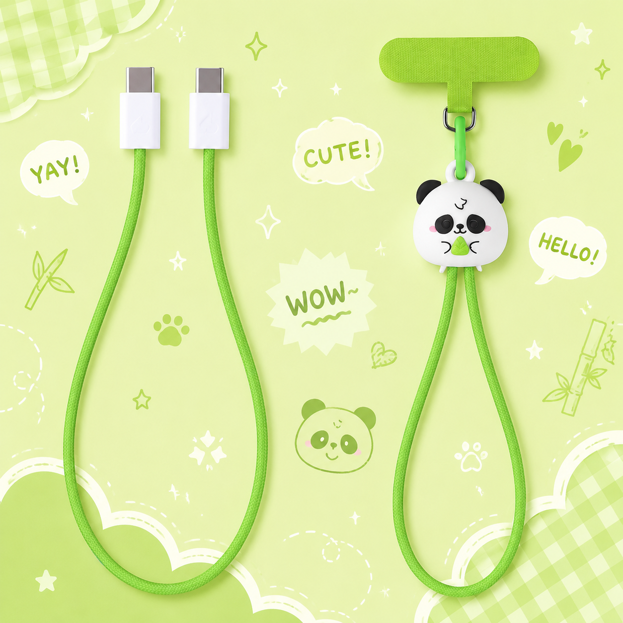 Green Panda Wrist Strap Lanyard 60W Fast Charging Cable