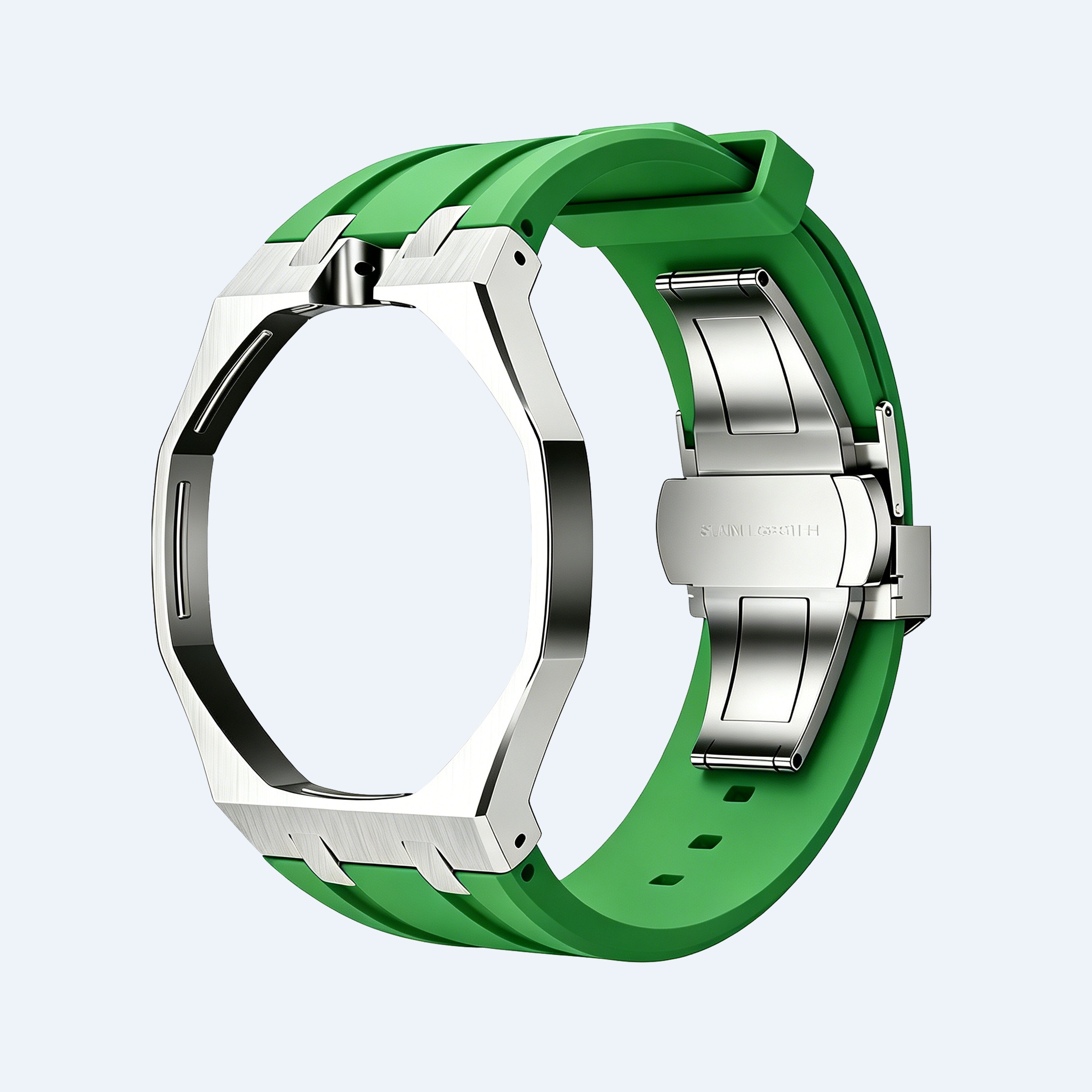 green rubber band+stainles steel watch case