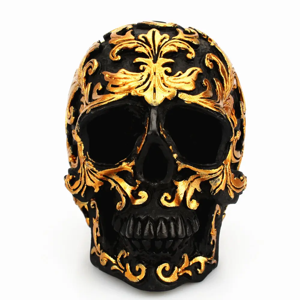 Cabeza de calavera negra para Halloween, tallado dorado, mesa de Horror para el hogar, artesanía decorativa, resina, esqueleto de hueso