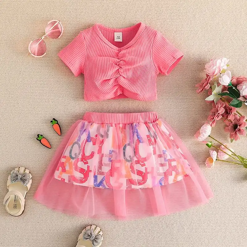 2024 Summer Lovely Baby Girls Clothing Sets Short Sleeve V Neck Pleated T Shirt Letter Print Tulle Skirt 2Pcs Infant Clothes