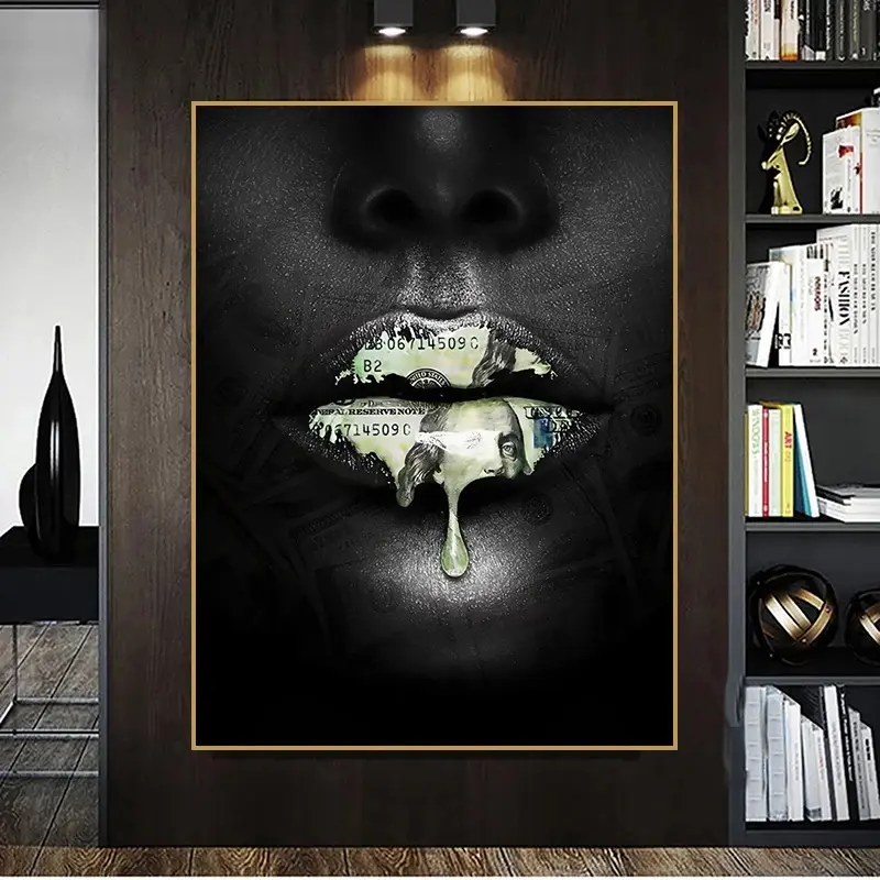 Femme moderne série A Big Mouth avec Dollars peintures sur toile sur le mur Art affiches et impressions photos pour la décoration de la maison