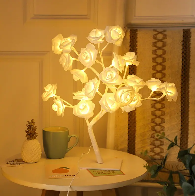 Led 로즈 테이블 램프 45cm 24led 낭만주의 꽃 밤 빛 USB 침실 실내 방 훈장 로즈 꽃 분재 나무 빛