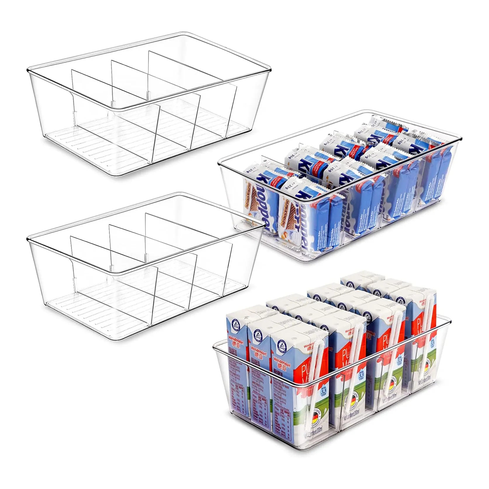 Unbreakable 3 Partitions Holder Clear Plastic Storage Bins Snack Organizer Food Storage Organizer Bins for Cabinet