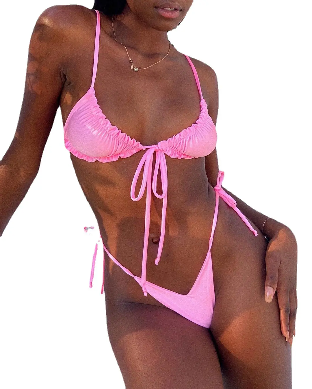 2024 Women's Brazilian Bikini Set Halter Tie Knot Bikini Top Tie Side Bottom Triangle Bikini Bathing Suit with high quality