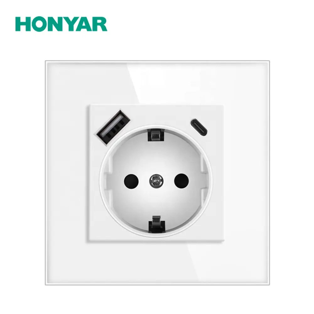 Interruptores y enchufes de pared Honyar, Marco eléctrico de la UE USB, interruptores y enchufes de cristal de 80mm