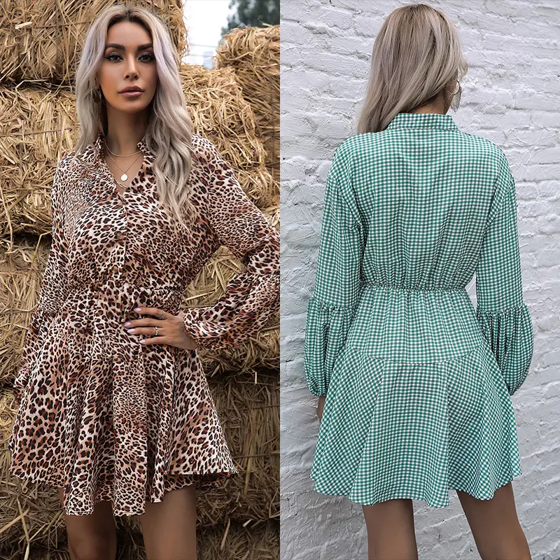 Abito alla moda da donna Mini abiti con volant abiti eleganti a maniche lunghe con stampa a maniche lunghe a quadri leopardati