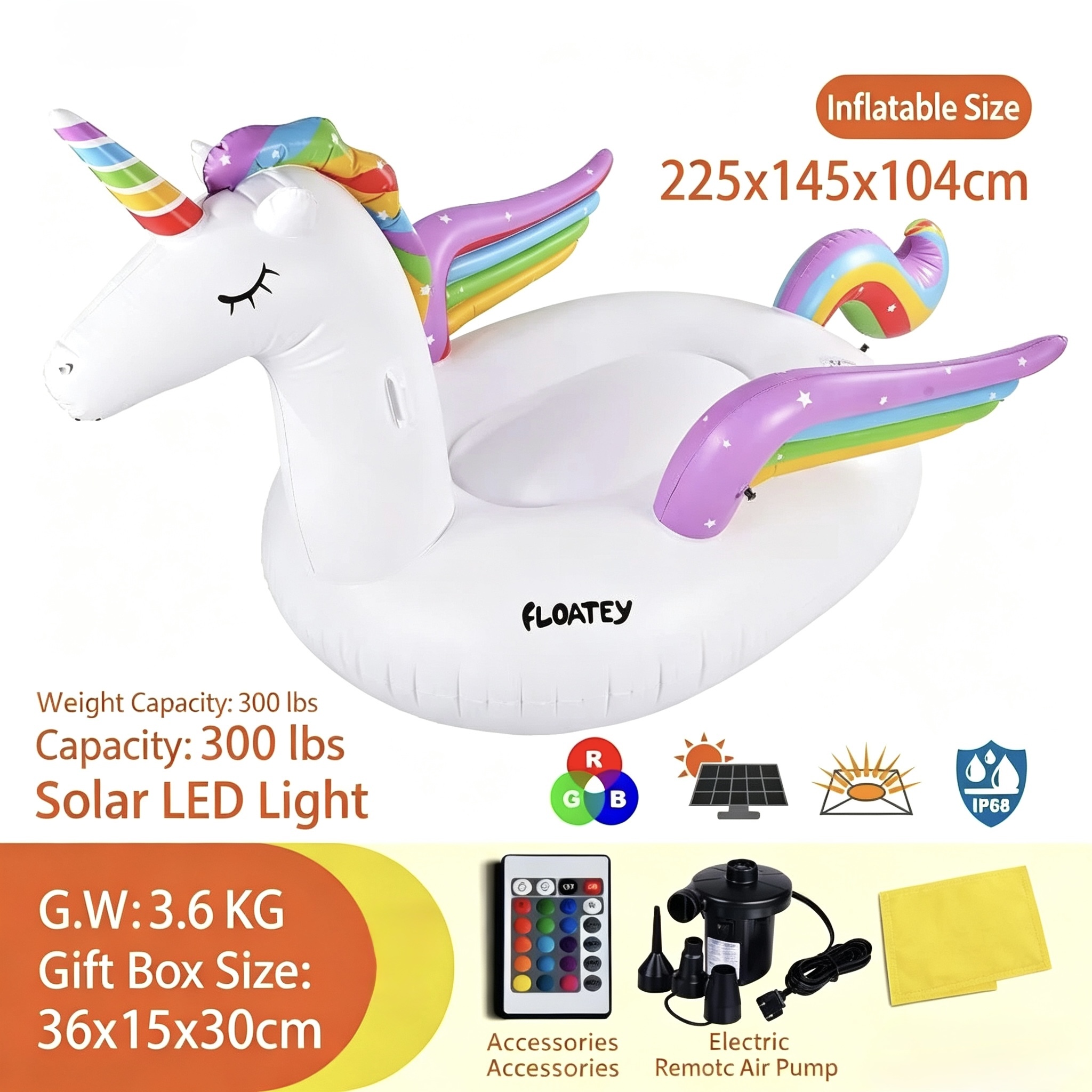 Flotador gigante para piscina con sensor de luz blanca LED (con bomba)