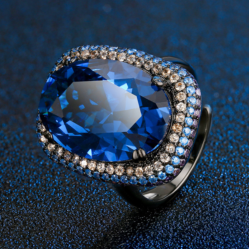 open size Black gold Blue pointed crystal ring
