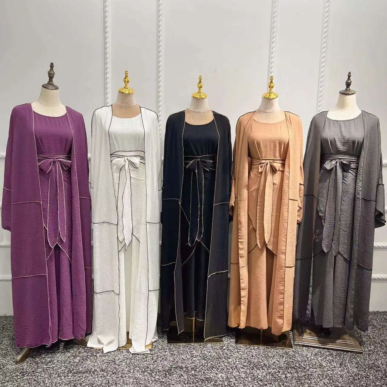 Conjunto de ropa islámica para mujer, conjunto de 3 piezas con diseños de catar Abaya, Color sólido con borde para vestido musulmán, Abaya abierta de Dubái