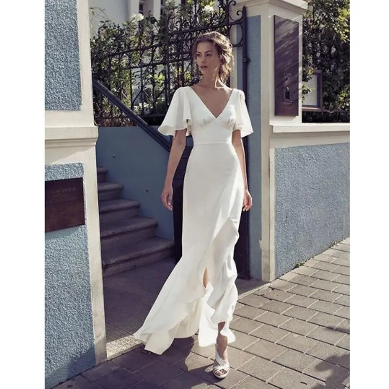 Simplee — robe de mariée en Spandex, col en V, demi-manches, longueur au sol, fendue devant, Appliques, dos nu