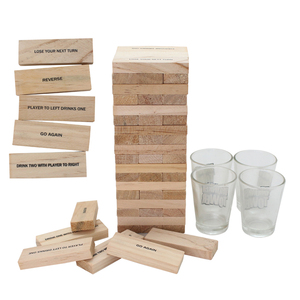 Torre de madera que cae Juego de fiesta apilable 60 bloques con tareas divertidas y comandos entretenidos con 4 vasos de vidrio Juego de beber