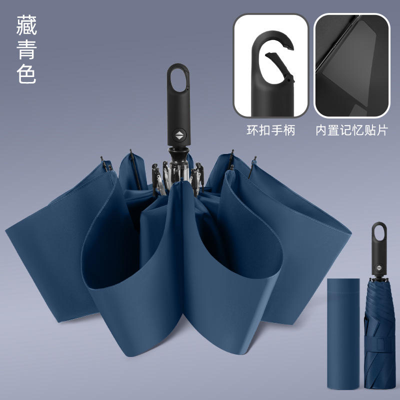 Parapluie automatique pliant bleu marine avec boucle à anneau et tissu tactile.