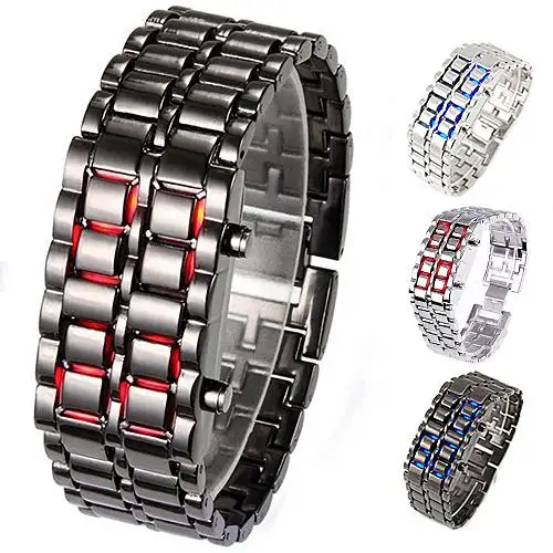 Mode noir entièrement en métal numérique lave montre-bracelet hommes rouge/bleu affichage LED hommes montres cadeaux pour homme garçon Sport horloge créative