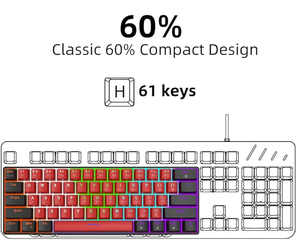คีย์บอร์ดเกมมินิแบบมีสาย60% พร้อมสวิตซ์เชอร์รี่สีแดง61ปุ่มเข้ากันได้กับ PC & Windows XP Win 7 Win 10 - Product Image 2
