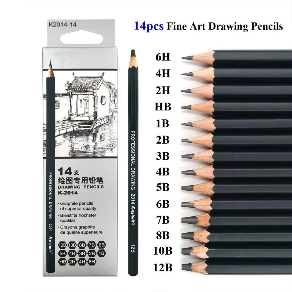 Juego de lápices de dibujo de 14 unidades, suministros de arte profesional de madera, lápices de carbón duro/medio/suave para bocetos