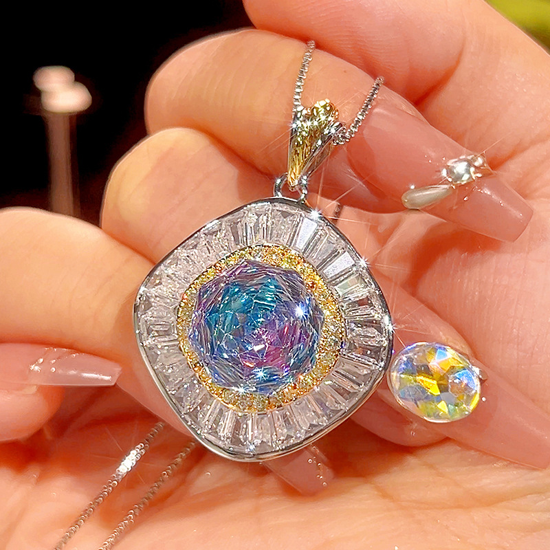 Pink blue pendant with box chain