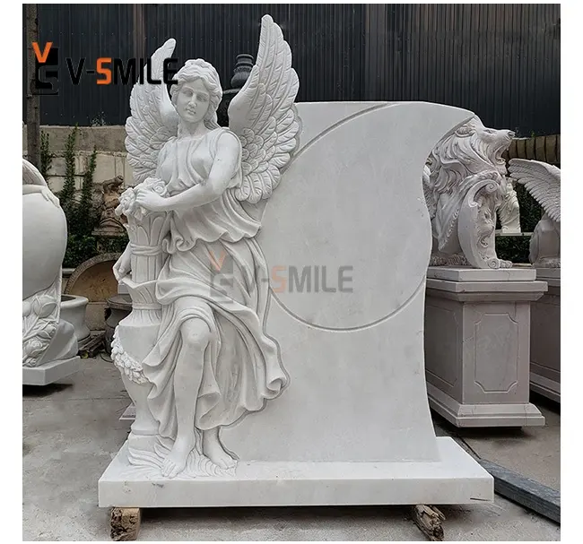 Bella pietra tombale della panca commemorativa della lapide dell'angelo di marmo bianco
