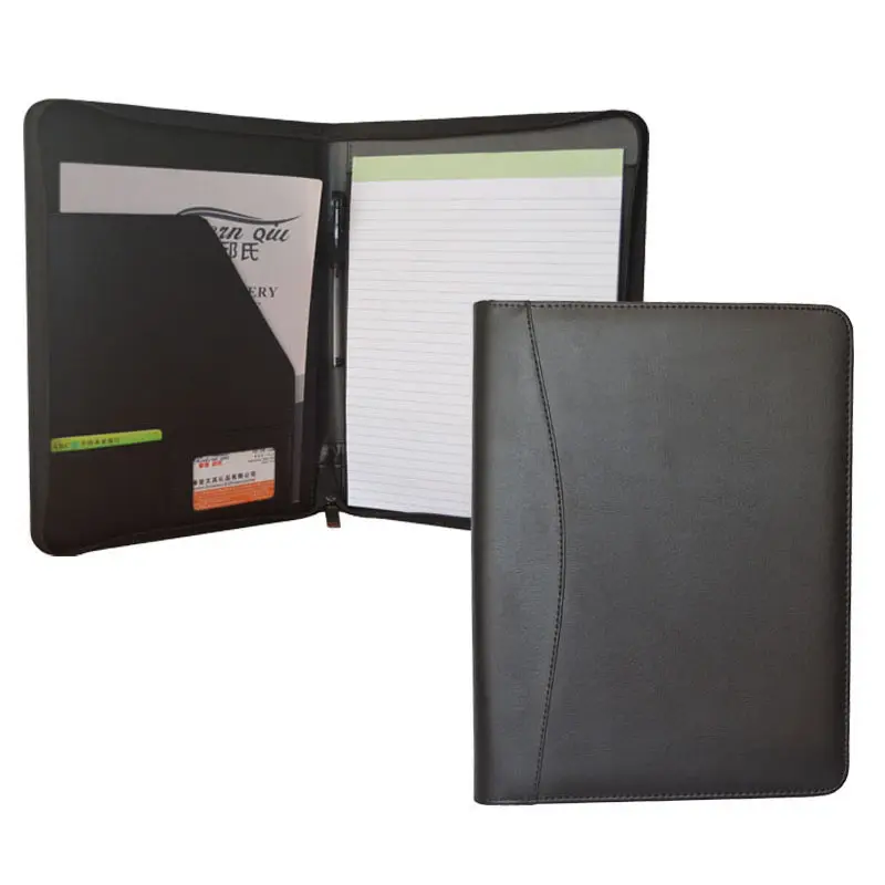 ModernQiu Alta Qualidade Personalizado A4 Tamanho Preto PU Couro Profissional Zippered Padfolio Entrevista Pasta para Mulheres Homens