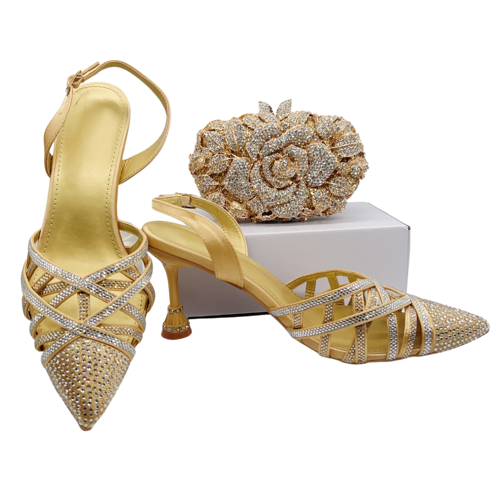 3 gold shoes and bag