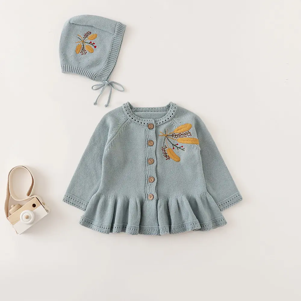 Maglione lavorato a maglia per bebè con volant ricamato personalizzato Set maglioni per bambina in cotone blu