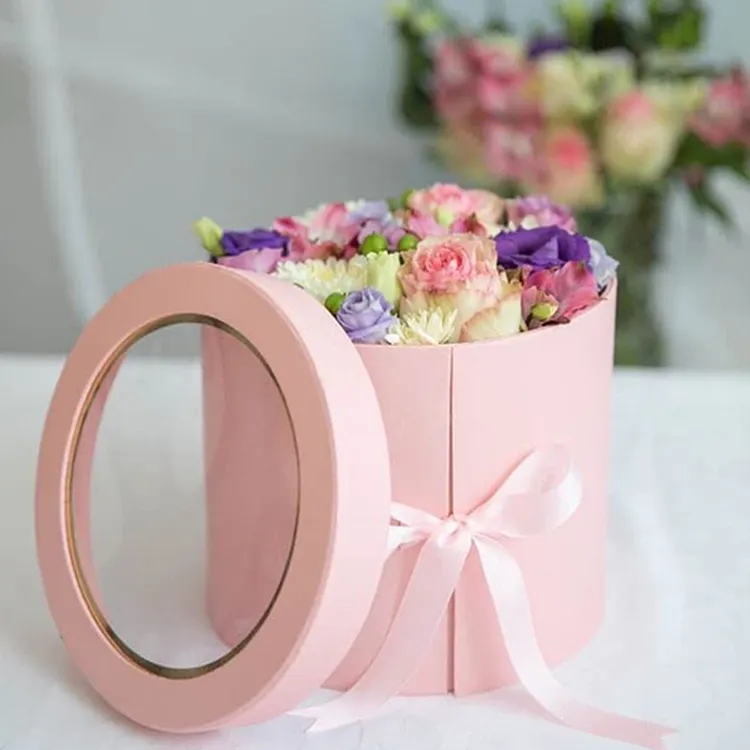 Cajas de Regalo de rosas florales de papel de cartón de estilo lujoso, de alta calidad, caja redonda de flores de papel
