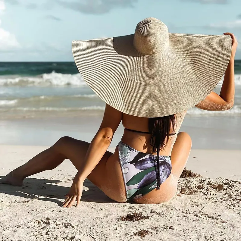 Verão Oversized Praia Chapéu De Palha para As Mulheres Grande Aba Larga Chapéus Handmade Roll Up Floppy Sun Hat