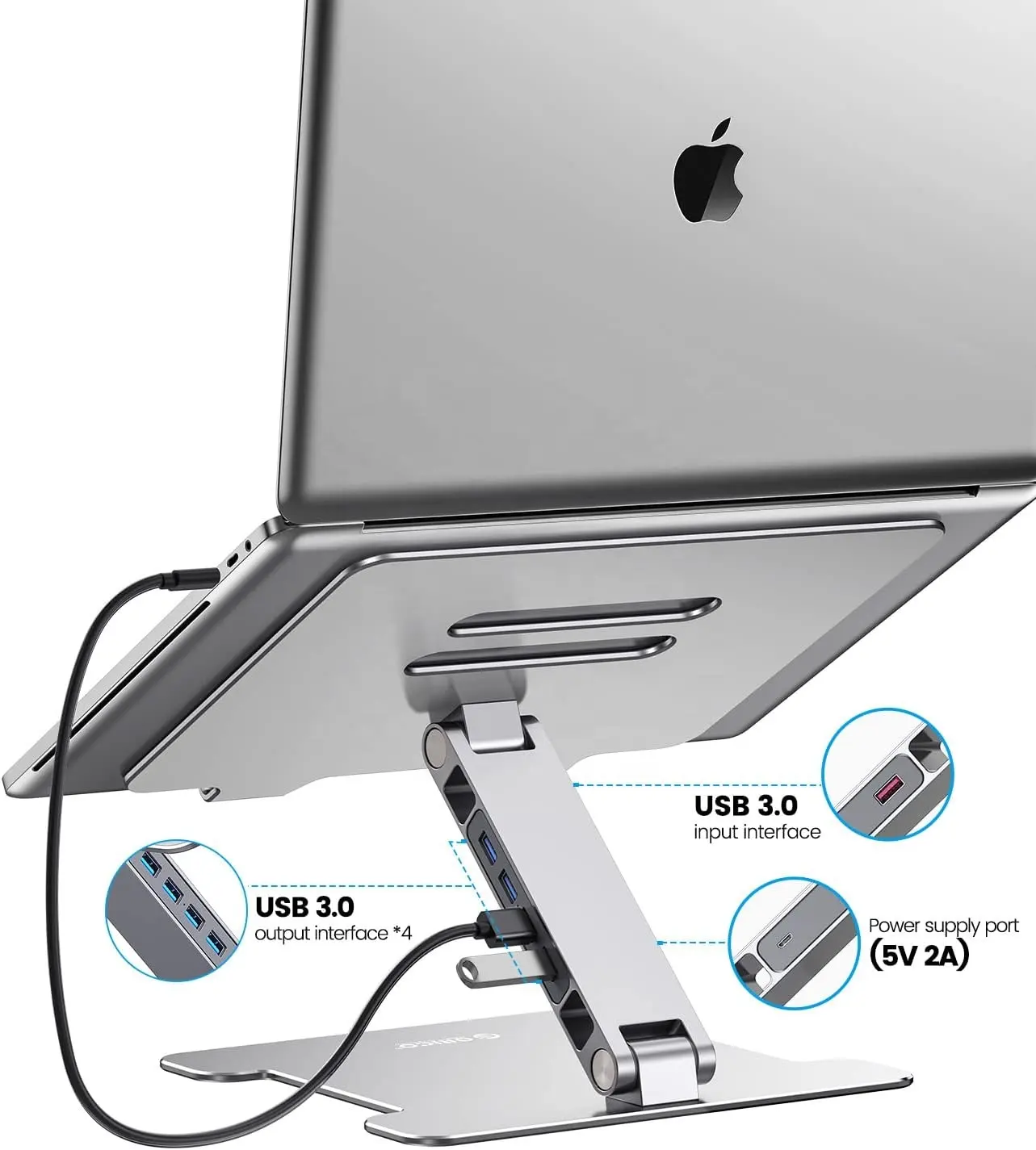 ORICO USB HUB USB3.0 * 4 5Gbps avec support réglable pour ordinateur portable, support d'ordinateur pliable en aluminium compatible avec ordinateur portable et tablette