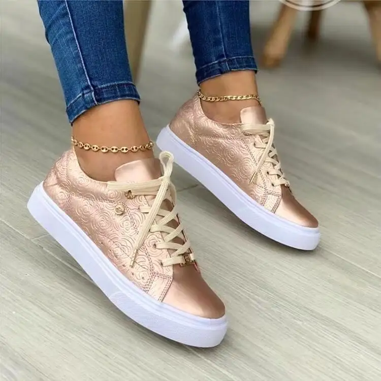 Thick soled trendy shoes 2024 spring new casual round toe pattern tie up women's casual single shoe size 43 shoes women sneakers