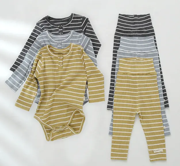 Conjunto de roupas infantis, roupas infantis para recém-nascidos, macacão com listras, conjuntos de 2 peças de macacão de manga longa + calça