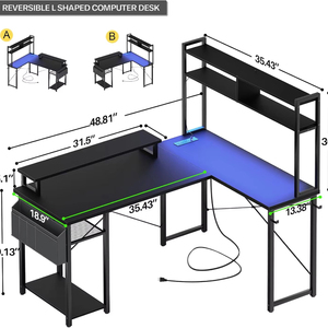 Escritorio de ordenador de esquina grande en forma de L con soporte para monitor Mesa de ordenador negra moderna con estantes de almacenamiento Soporte de host - Product Image 2