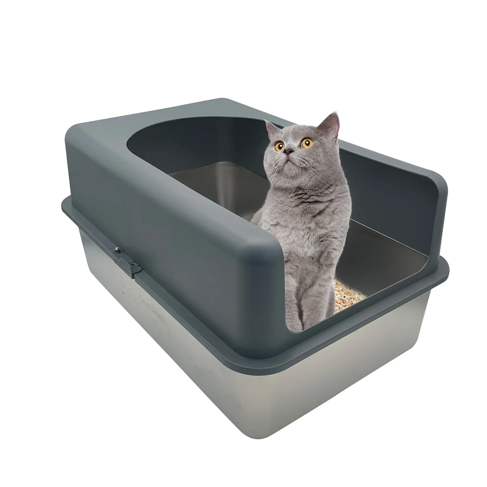 ONE PET Grande toilette pour chat Chat Lapin Nettoyage facile Bac à litière pour animal domestique Côtés fermés Bac à litière pour chat en acier inoxydable XL