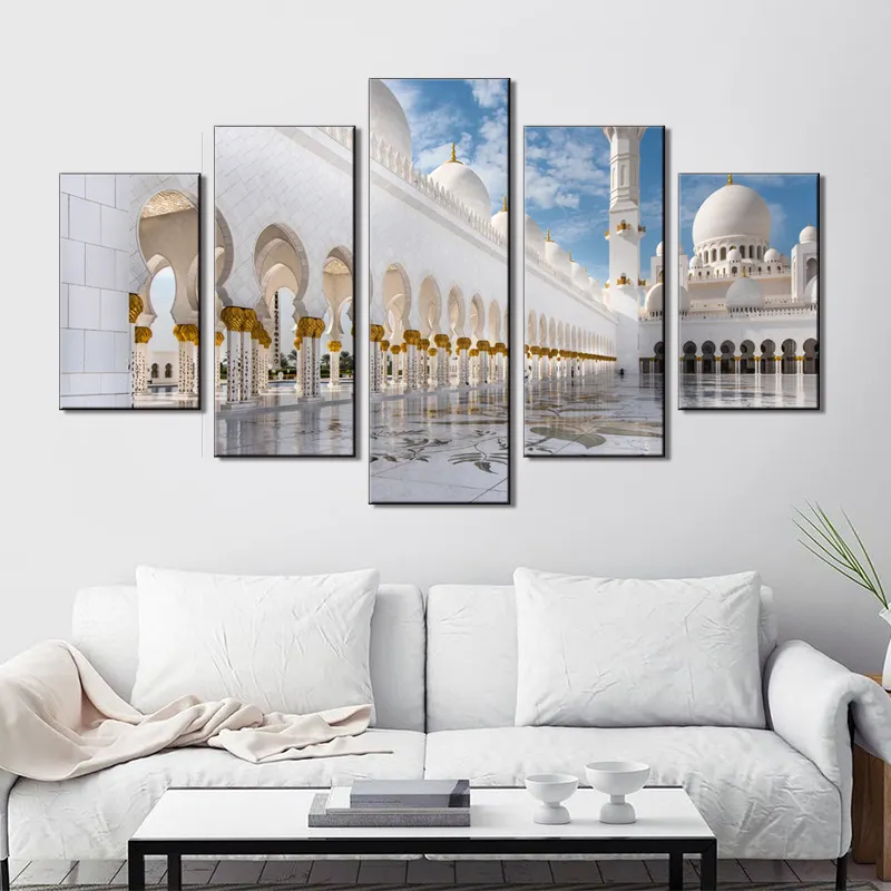 Peinture à l'huile sur toile murale moderne, 5 panneaux, décor personnalisé islamique, papier peint décoratif