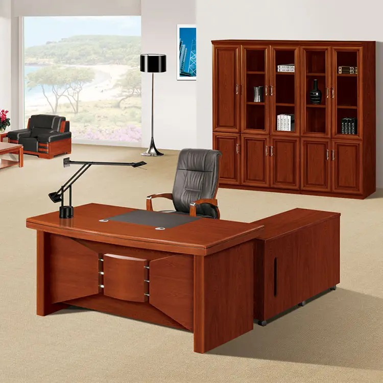 Juego de mesa y silla de oficina ejecutiva antigua de madera roja Retro, conjunto de muebles de oficina, gerente CEO Boss, escritorio de oficina en forma de L