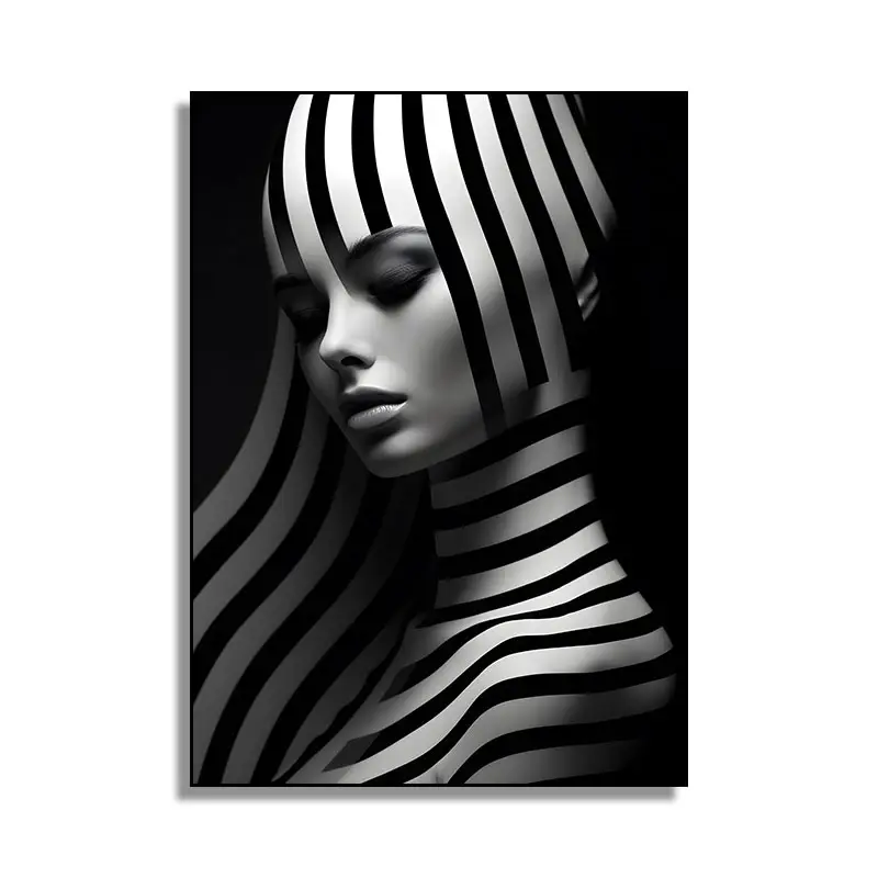 Potret Fashion lukisan dinding wanita, dengan bingkai kristal porselen hitam dan putih seni dinding Modern lukisan LED ruang tamu