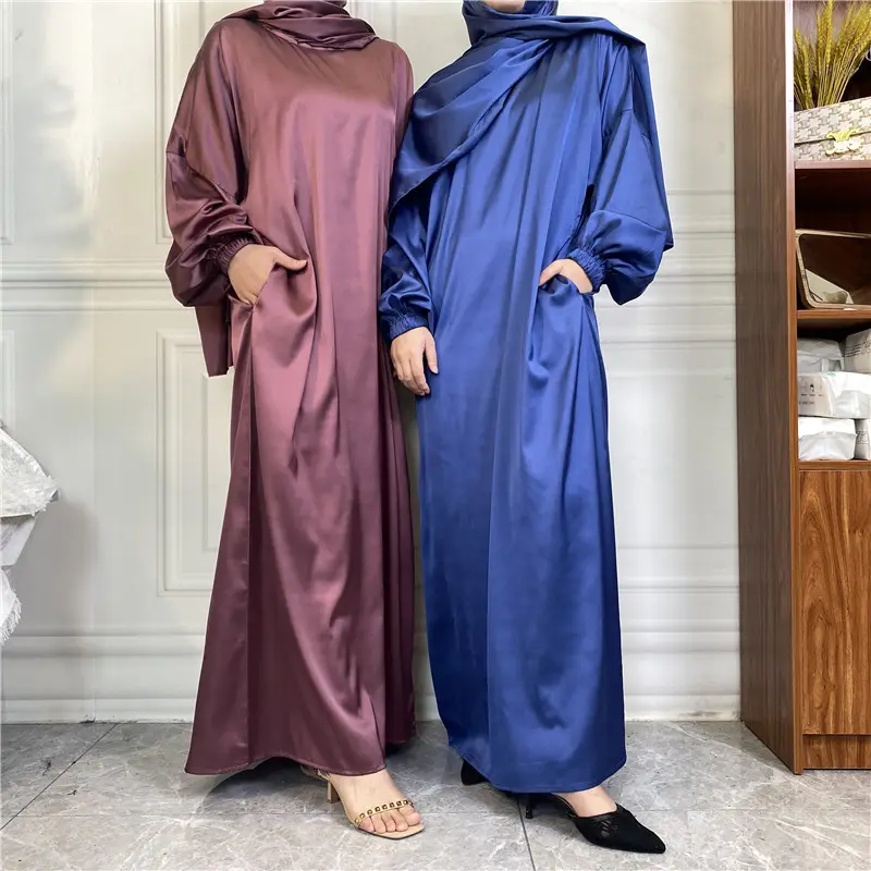 Eid müslüman tasarım dua başörtüsü elbise saten kumaş ile cep ekli eşarp islam giyim