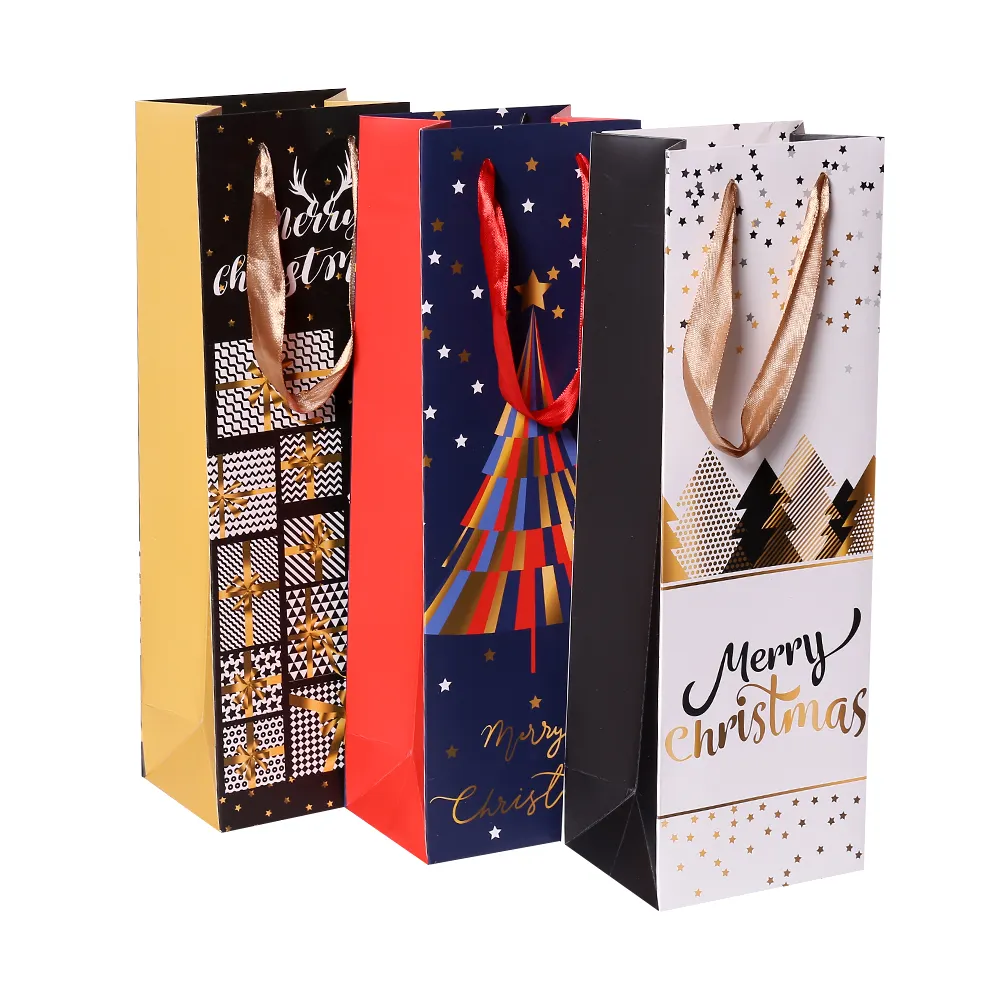 2022 Custom Christmas Wine Papiertüte mit unterschied lichem Design Wein Kraft papier Geschenkt üte für Weinflaschen auf Lager