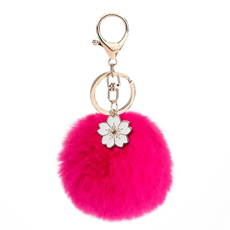 Corée Faux lapin boule de fourrure pom pom porte-clés sac en peluche porte-clés de voiture avec émail Bauhinia fleur pendentif floral