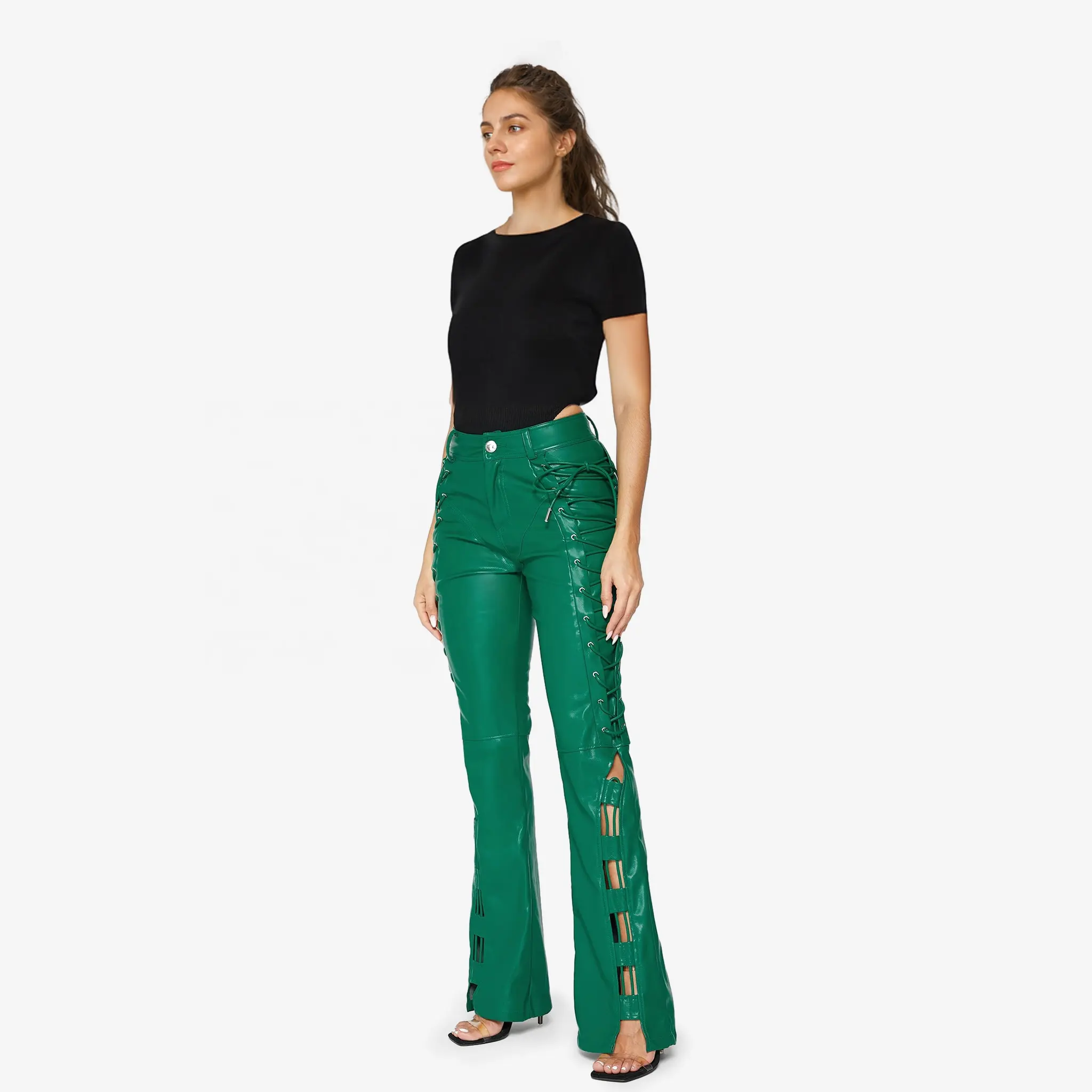 Pantalon évasé vert Skinny Fit en cuir végétalien OEM personnalisé à lacets pour femmes