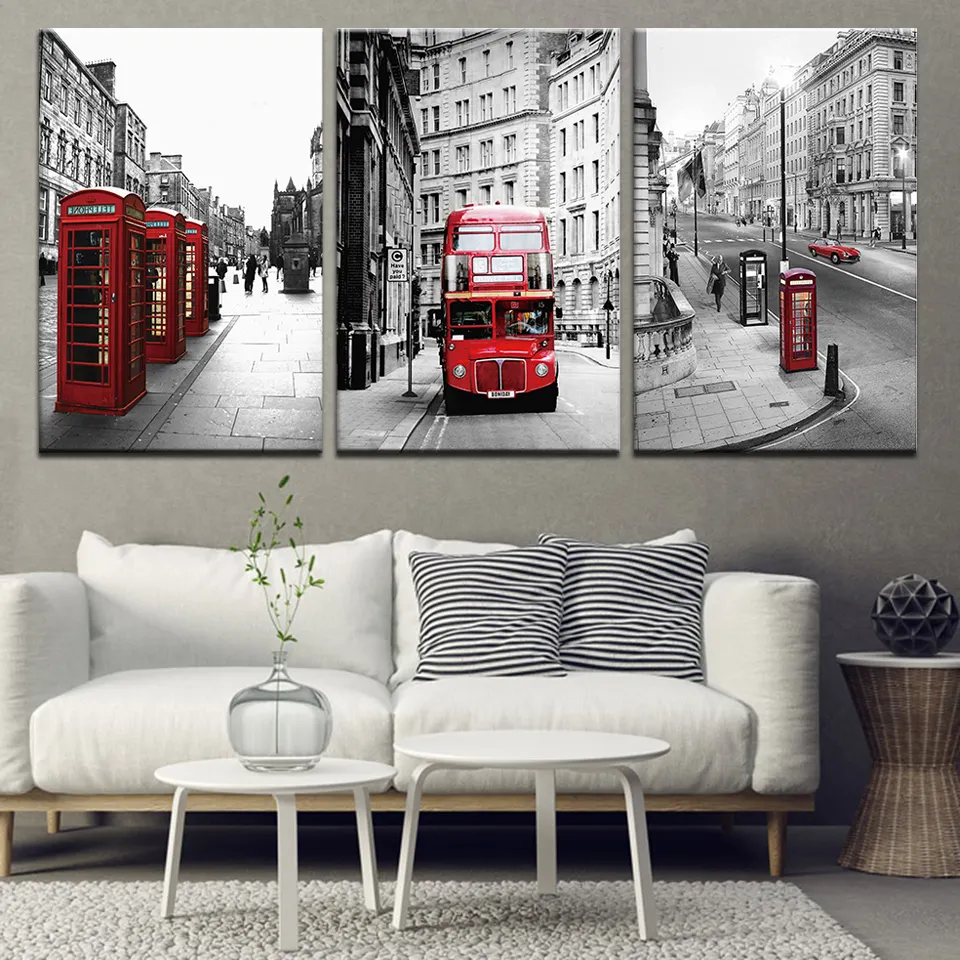 Pinturas en lienzo para sala de estar, impresiones artísticas de 3 paneles, póster de paisaje de calle de Londres, decoración del hogar, imágenes de pared de paisaje