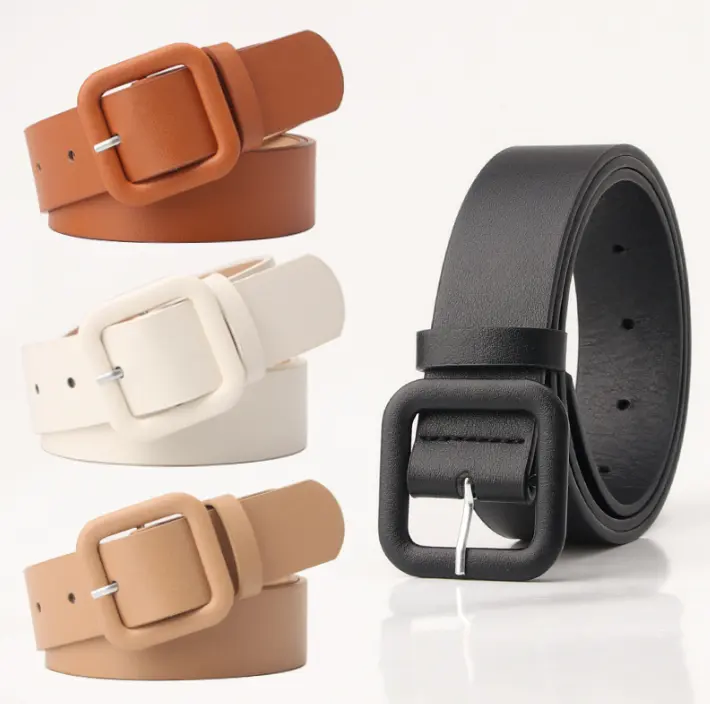 Simple and high-end square buckle with versatile decoration fashionable candy colored belt for women