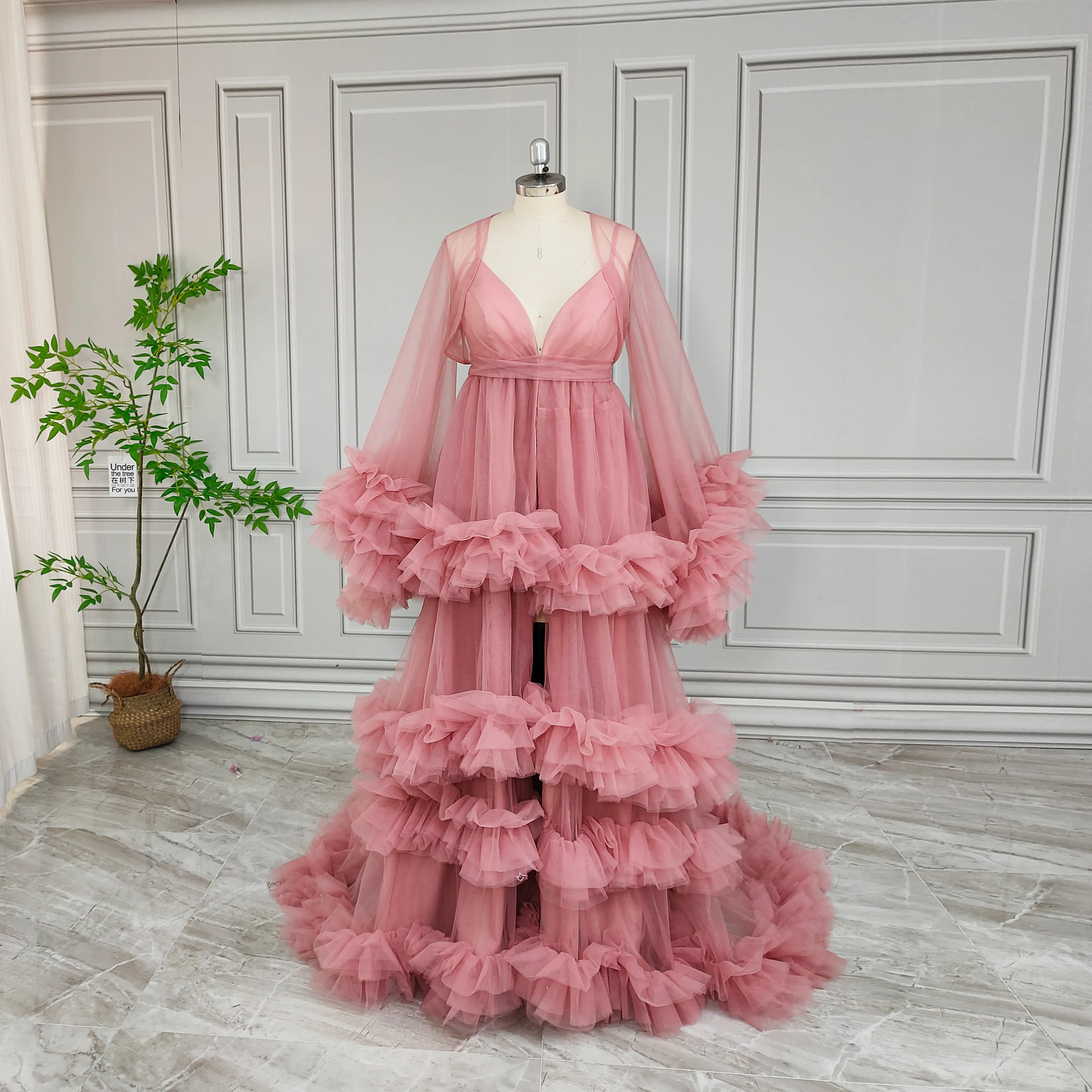 Haute qualité grande taille à volants rose couches Tulle maternité photographie robes pour femmes Robe de soirée grossesse pure Robe 2024