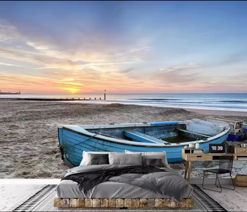 Carta da parati personalizzata spiaggia alba blu barca da pesca molo rimovibile paesaggio natura paesaggio 3d carta da parati