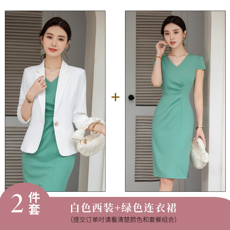 White suit and green dress