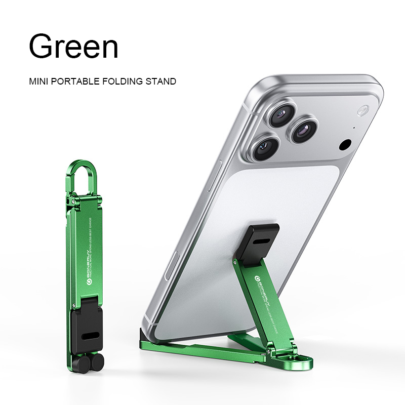 Llavero verde con soporte para teléfono.